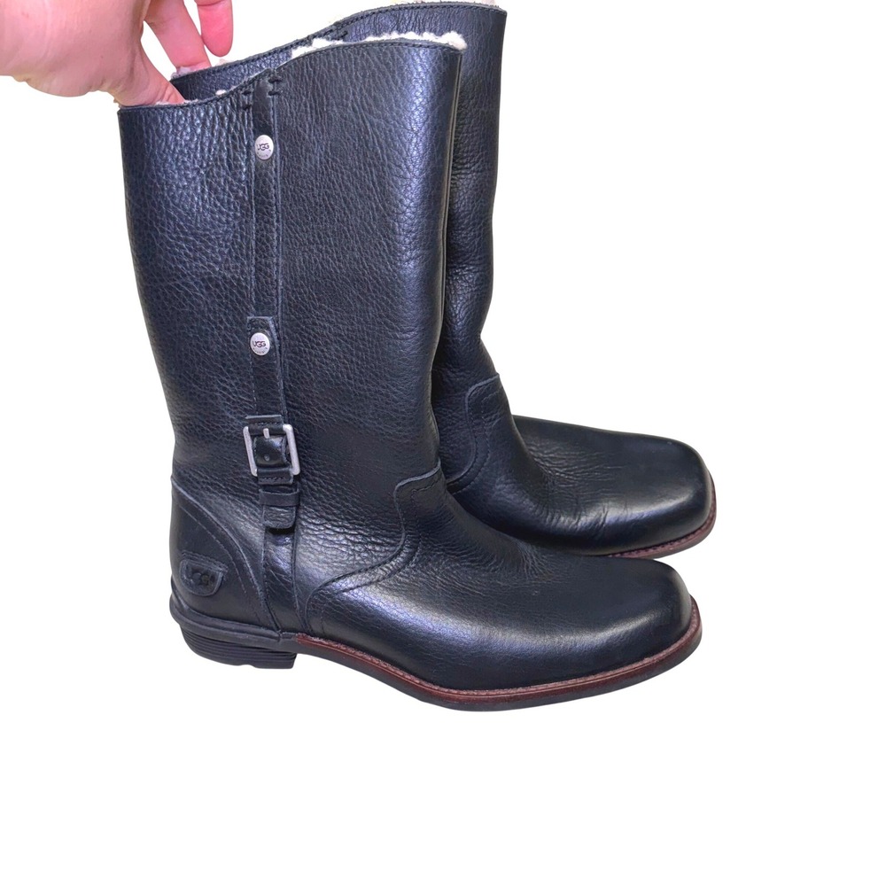 UGG Australia Bellevue Black Leather Shearling Lined Moto Boots Mid Calf‎ Sz 8